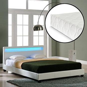 Corium Lit capitonné à LED (Paris) avec Matelas 180x200cm Blanc Mousse Froide