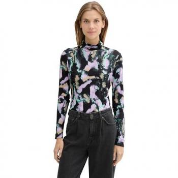 TOM TAILOR DENIM Damen Rollkragen Longsleeve mit LENZING™ EcoVero™, schwarz, Allover Print, Größe XL