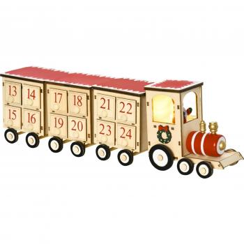 Calendario de Adviento de Madera con Luz LED y 24 Cajones para Rellenar Modelo Tren 40x8x11 cm Natural
