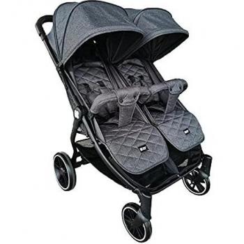 Kikkaboo Zwillingskinderwagen Happy 2, zusammenklappbar, Regenschutz, Fußsack, gefedert grau gemustert