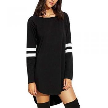 VONDA Maglietta Donna Maniche Righe Lunghe Girocollo Casual Elegante in Nero XL