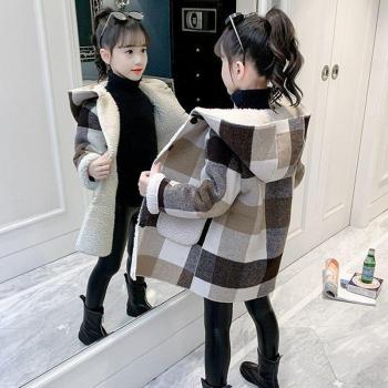 Lange Wolljacke für Mädchen, Kapuzenmantel, Wintermode 2022