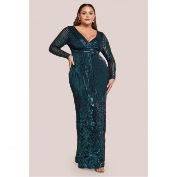 Glamour Green Sequin V‑Shape Wrap Dress by Goddiva