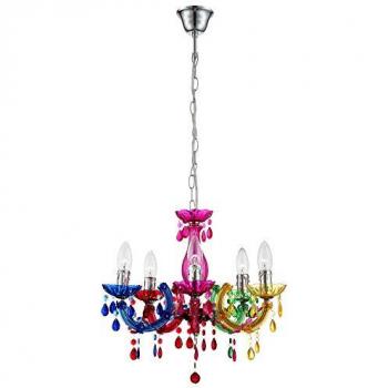 Lampe de chambre suspendue moderne 5‑flammes, cristaux chromatiques, métal acrylique, 5×E14 – D44 cm H128 cm