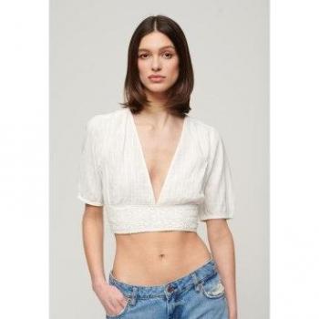 Top Blanc à Manches Courtes Superdry Femme Liseré Dentelle Ibiza Taille S