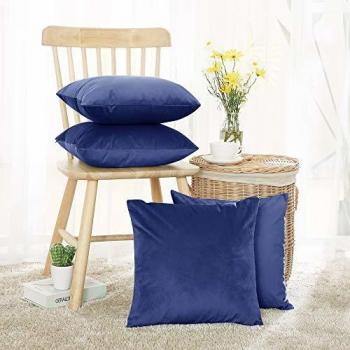 Velvet Blue Pillow Covers with Silent Zip – Deconovo, 4 Piece Set