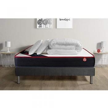 Pack Lit Complet – Matelas 180x200 cm, Sommier Tapissier Lattes (Kit), 2 Oreillers, Couette – Vitalpower Gris