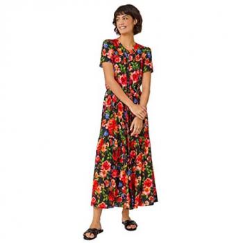 Roman Womens Red Floral Print Tiered Midi Dress
