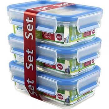Emsa 508570 – Pack de 3 Boîtes Alimentaires – Clip & Close – 0,55 L – Transparente/bleue