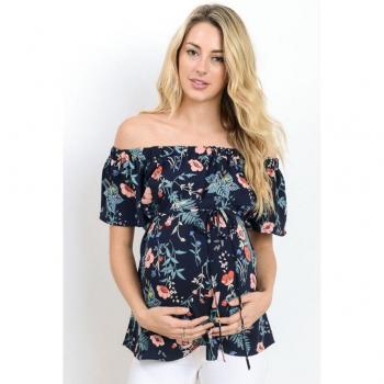 Printed Maternity Dress with Collar and Tie