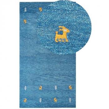 Rustikaler Gabbeh Teppich Blau, Tiermotive, 80 x 150 cm