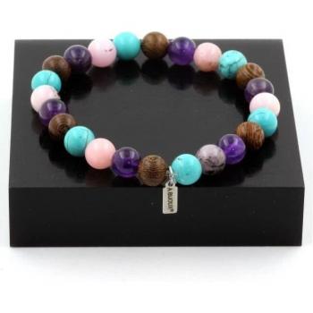 Bracciale artigianale: perle opale rosa, ametista e turchese con filo di legno 8 mm – Made in France