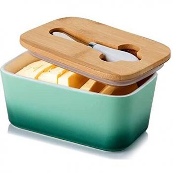 Porcelain Butter Dish with Knife and Wooden Lid