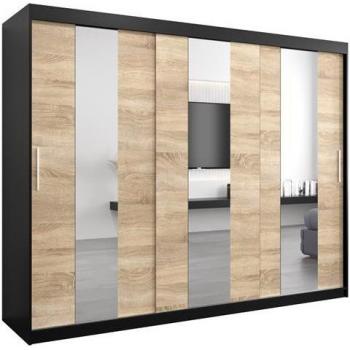 Armoire Boliwia 250 : Trois Portes Coulissantes, Miroir, Tringle, Étagères – Noir & Sonoma