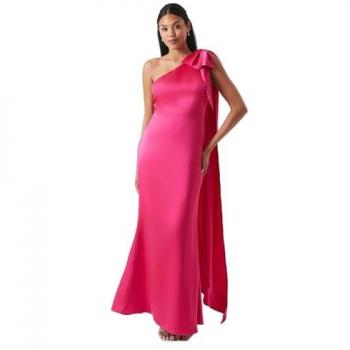 Bow and Drape Detail Satin One Shoulder Bridesmaid Dress, Pink, Size 12 UK