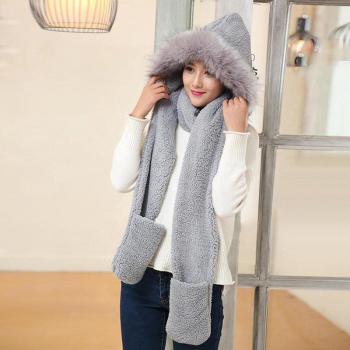 3-in-1 Women's Winter Warm Soft Thick Hooded Scarf, Hat, and Gloves Set