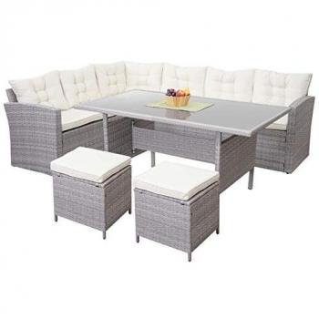 Poly-Rattan Sofa-Set mit cremefarbenen Kissen