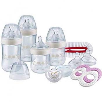 NUK Kit Biberons Nature Sense 150ml x2 et 260ml x2 avec Sucette Genius, Goupillon, Tétines et anneau de dentition, Rose