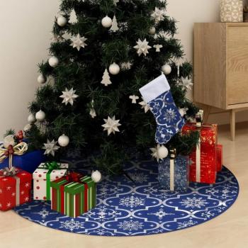 Jupe de sapin de Noël de luxe avec chaussette bleue 90 cm en tissu