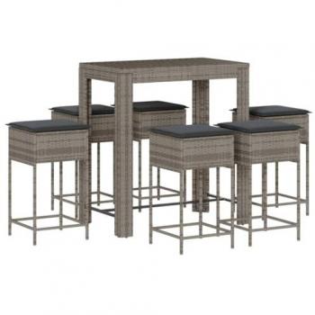 7-Piece Patio Grey Poly Rattan Garden Bar Set with Cushions