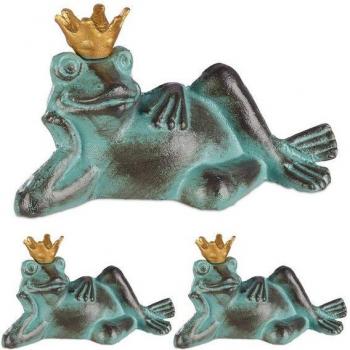 Relaxdays Cast Iron Frog Kings – 3‑Pack Lying Toads with Crowns, Green