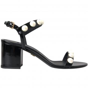 Dolce & Gabbana Black Leather Faux Pearl Heel Sandals