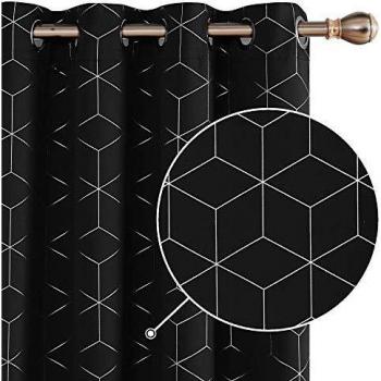 Deconovo Lot de 2 Rideaux Occultants à Oeillets Isolant Thermique Motif Géométrique Imprimés Argentés Noir 132x229cm