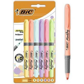 Pack 6 Surligneurs BIC Pastels Grip – Couleurs assorties