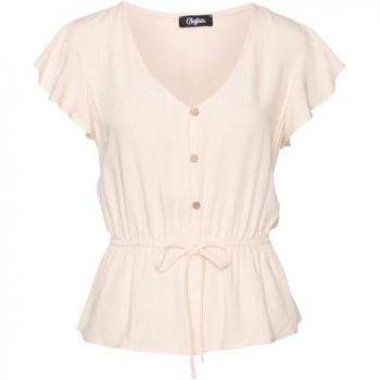 Buffalo Damen Kurzarmbluse 100% Viskose, unifarben, Hüftlänge, Beige – Gr. 38