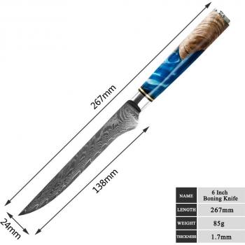 Cuchillo de Chef en Acero VG10 Damasco 67 Capas, Mango Madera Resina Azul – Juego Deshuesar
