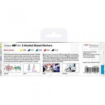 Tombow ABTP-5P-1 Marqueur à base d'alcool ABT PRO à deux pointes, set de 5 pièces, couleurs de base