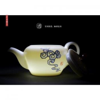Handcrafted Suet Jade Ceramic Teacup with Large Three-Talent Cover