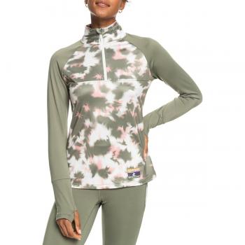 Roxy Big Gel Damen T-Shirt mit Halbreißverschluss Dunkelgrün Weiß Rosa