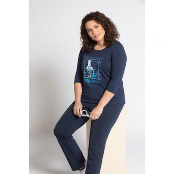 Maglia Classic Blu con Gabbiano e Cristalli, Maniche 3/4, Donna, Taglia 52/54, Cotone