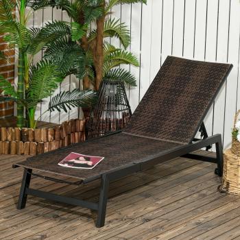 Outsunny Outdoor PE Rattan Sun Lounger with 5-Position Backrest