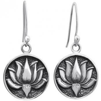 Lotus Flower Round Disc Earrings in Sterling Silver