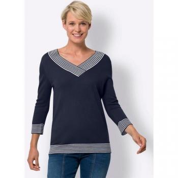 Dunkelblauer V‑Pullover mit 3/4‑Ärmeln