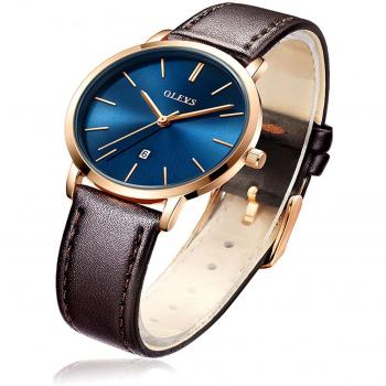 Gold-Cased Blue Ladies' Waterproof Leather Dial Watch