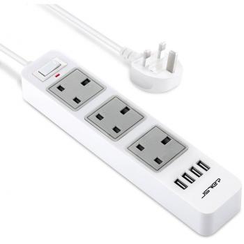 JSVER USB Power Strip with 6 Electrical Sockets and 4 USB Charging Ports featuring Surge Protection (White, 2m Cord)
