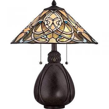 Tischleuchte India im Tiffany-Design mit 2 Lichtern aus imperialem Bronze und Glas