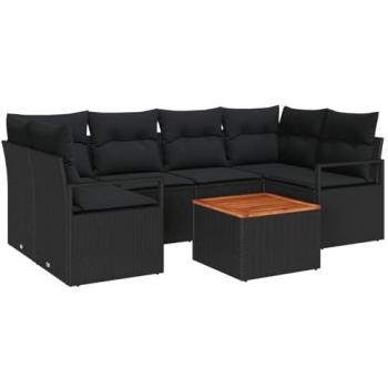 Cortina di Divani da Giardino Nero Polyrattan 7 pezzi con cuscini