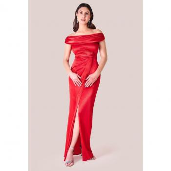 Red Satin Twill Maxi Dress with Cowl Bardot Neckline