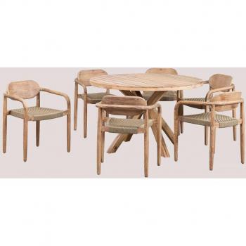 Sklum Table ronde Ø120 cm + six chaises à accoudoirs en bois Naële – couleur Brun Blé
