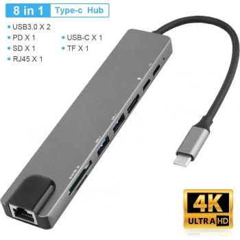 Lecteur Multi‑port Aluminium 8‑en‑1 – USB‑C PD, Ethernet, HDMI, USB 3.0, USB 2.0, Carte SD/TF