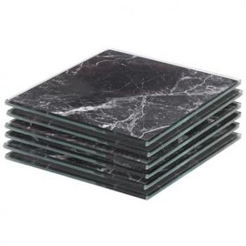Marble Effect Glass Coasters, Square, 10 cm – 6 Piece Set – Black