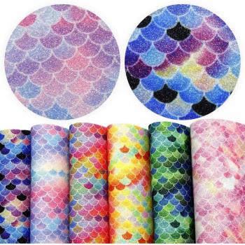 Mermaid Fish Scale Faux Leather Fabric 6 Pcs Glitter 20x33cm
