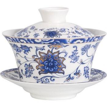 Taza y Platillo de Té de Cerámica Azul y Blanca, 300ml, Sancai GaiWan