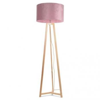 Lottie Natural Wood Tripod Floor Lamp with Velvet Drum Shade and LED Bulb