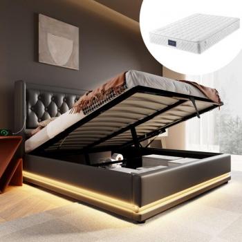 Lit coffre élégant 140 x 200 cm, fonction USB Type-C et LED, capitonné en PU noir, matelas inclus