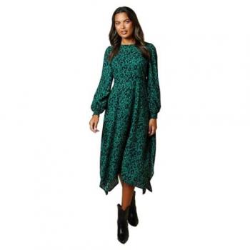 Green Animal Print Midi Dress with Hanky Hem and Shirred Cuffs